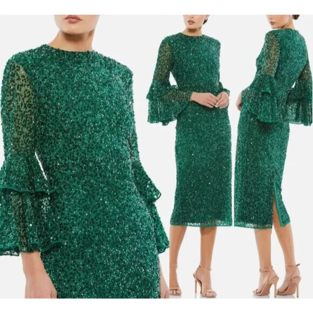 Mac Duggal Emerald Sequin Midi Dress